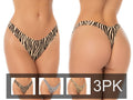 Mapale 144 No Show Thong 3-Pack in animal prints: zebra, snow leopard, and cheetah. Front and back views.