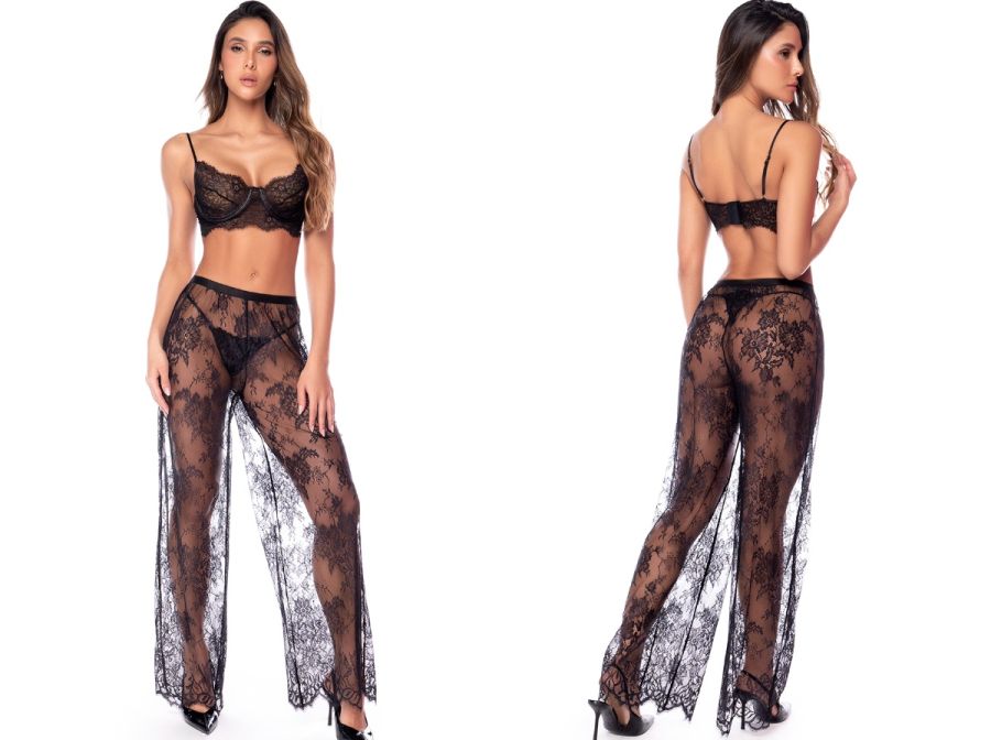 Mapale 1917 three-piece black lingerie set featuring a lace bra, matching thong, and sheer floral lace pants.