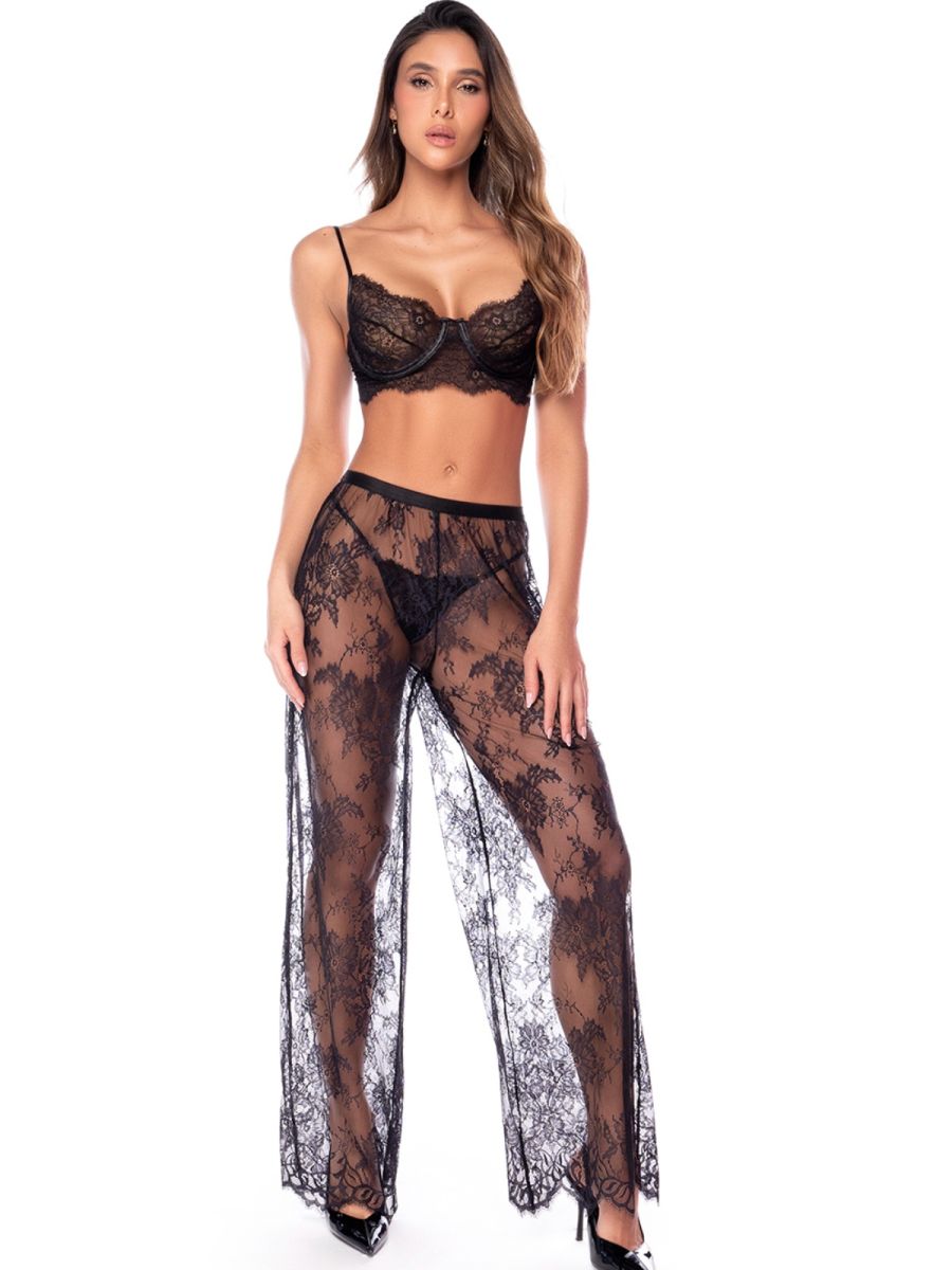 Mapale 1917 three-piece black lace lingerie set: bra, panty, and sheer patterned trousers.