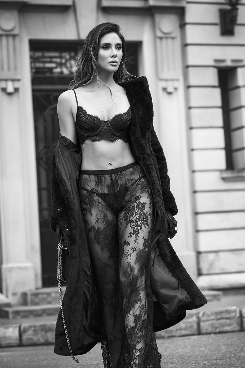 Mapale 1917 Three Piece Exotic Lingerie Set in black, featuring a lace bra, matching panties, and sheer lace pants.
