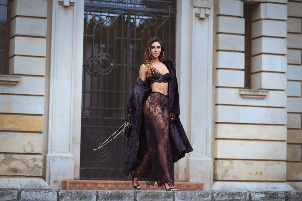 Mapale 1917 Black Three Piece Exotic Lingerie Set featuring a bra, underwear, and sheer lace overlay skirt.
