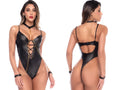 Mapale 2825 wet black high-leg lace-up bodysuit with choker, gold chain accents, and wrist cuffs.