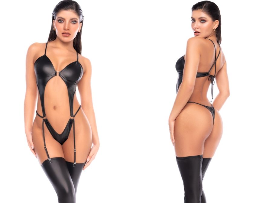 Mapale 2826 Wet Look Bodysuit in wet black with cutouts, rings, attached garter straps, and thigh-high stockings.