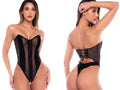 Mapale 2828 strapless liquid black bodysuit with vertical glossy and sheer mesh stripes and back lace-up closure.