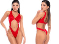 Mapale 2830 liquid red cutout bodysuit with ring hardware accents on the front and sides.