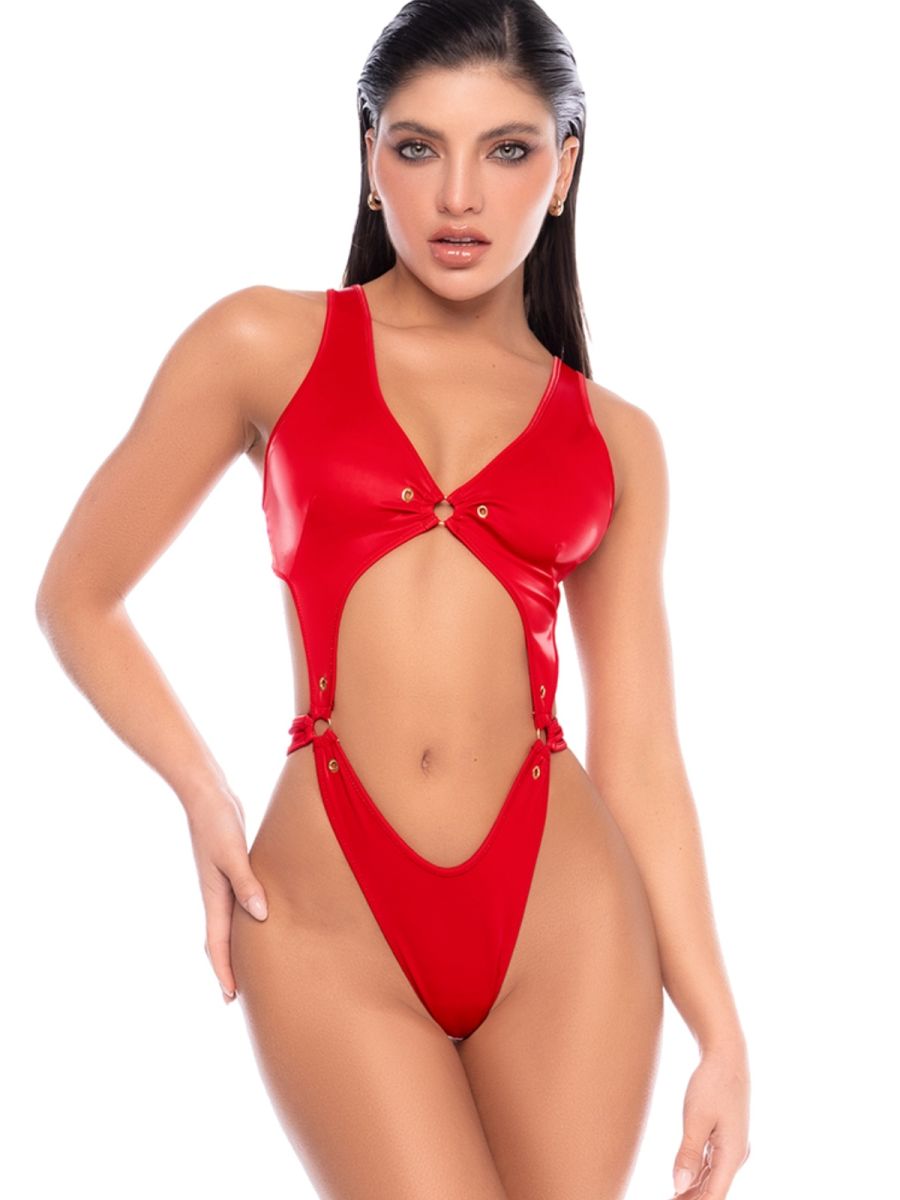 Mapale 2830 liquid red cutout bodysuit with shiny finish, gold ring connectors, and high-cut sides.