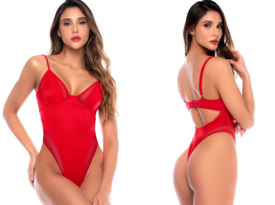Mapale 2831 Liquid Red Sensual High-Cut Bodysuit in liquid red with high-cut sides and sheer mesh panels.