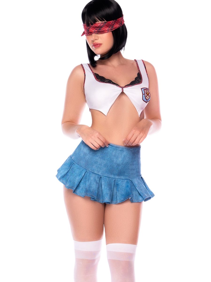 Mapale 60079 student costume: white crop top with emblem, blue pleated mini skirt, and white thigh-highs.