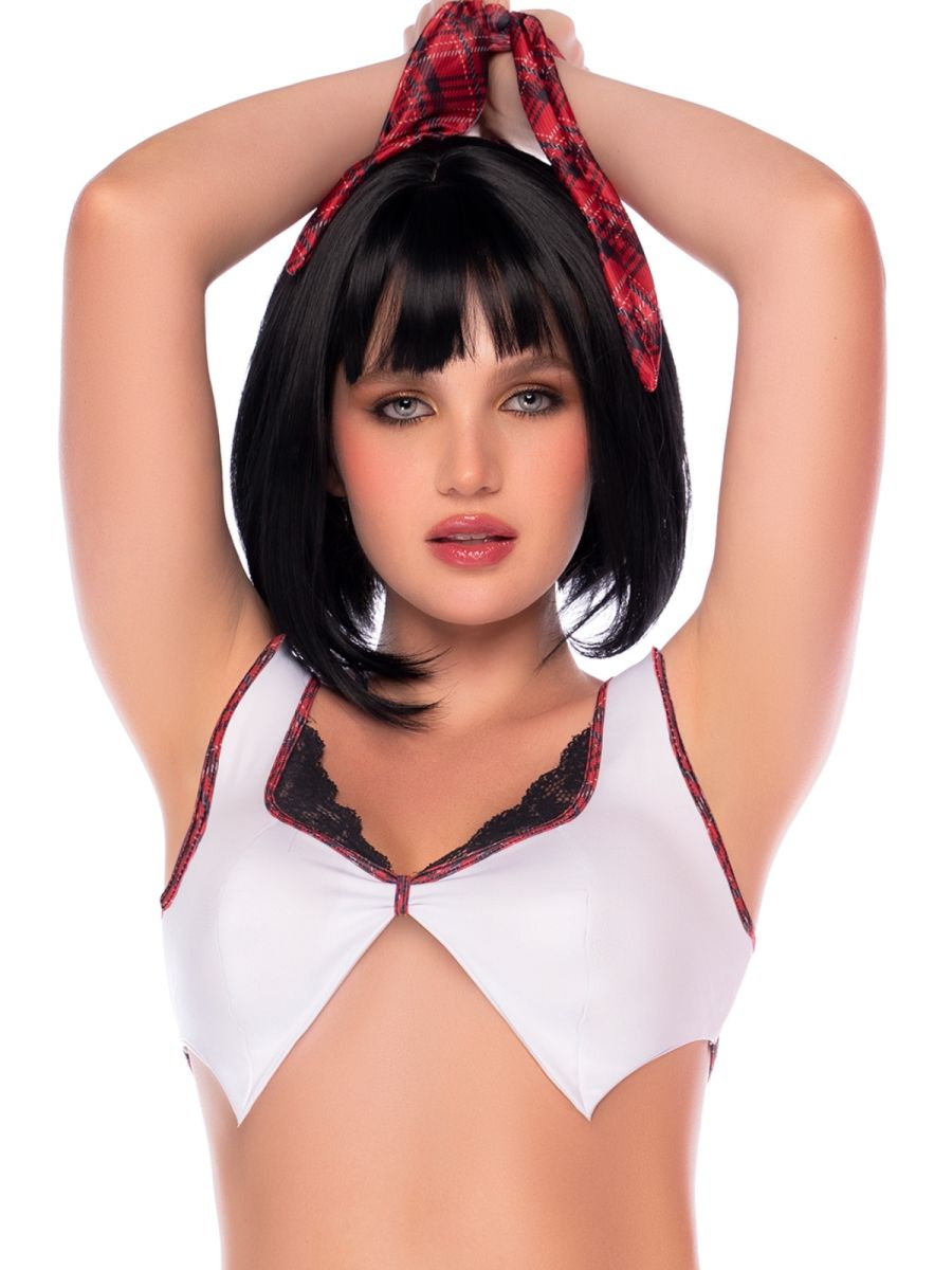 White crop top with black lace trim and red plaid piping, matching red plaid hair tie.