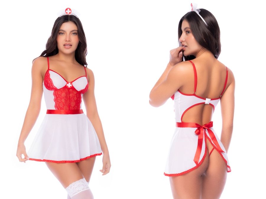 Mapale 60083 white and red nurse costume with lace detailing, matching headband, and open-back dress.