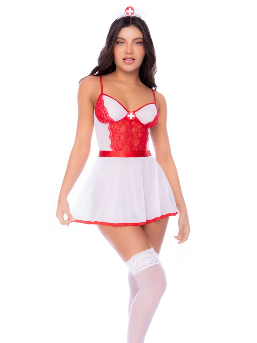 Mapale 60083 Nurse Costume Outfit in white and red, featuring a lace bodice, matching headband, and white stockings.