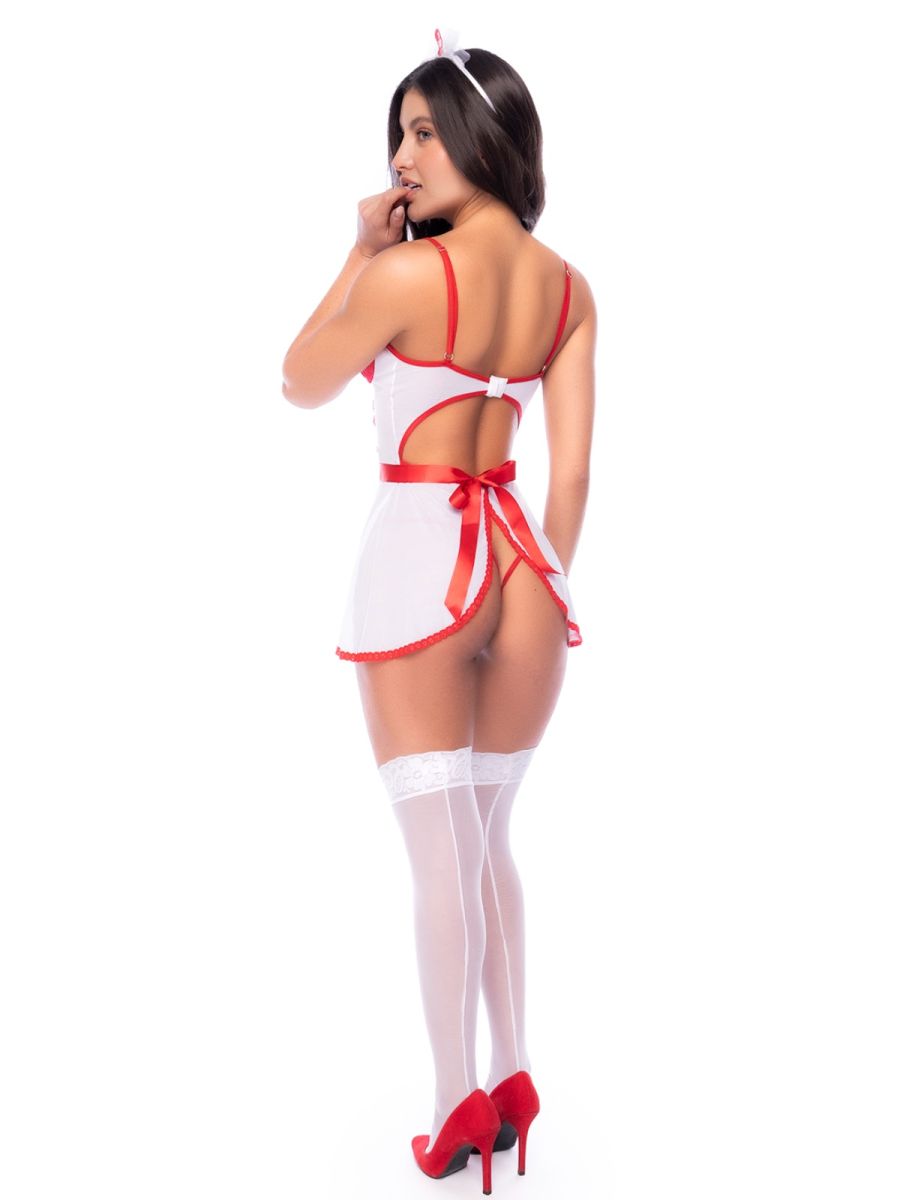 Mapale 60083 Nurse Costume Outfit in white and red, worn with matching stockings and heels.