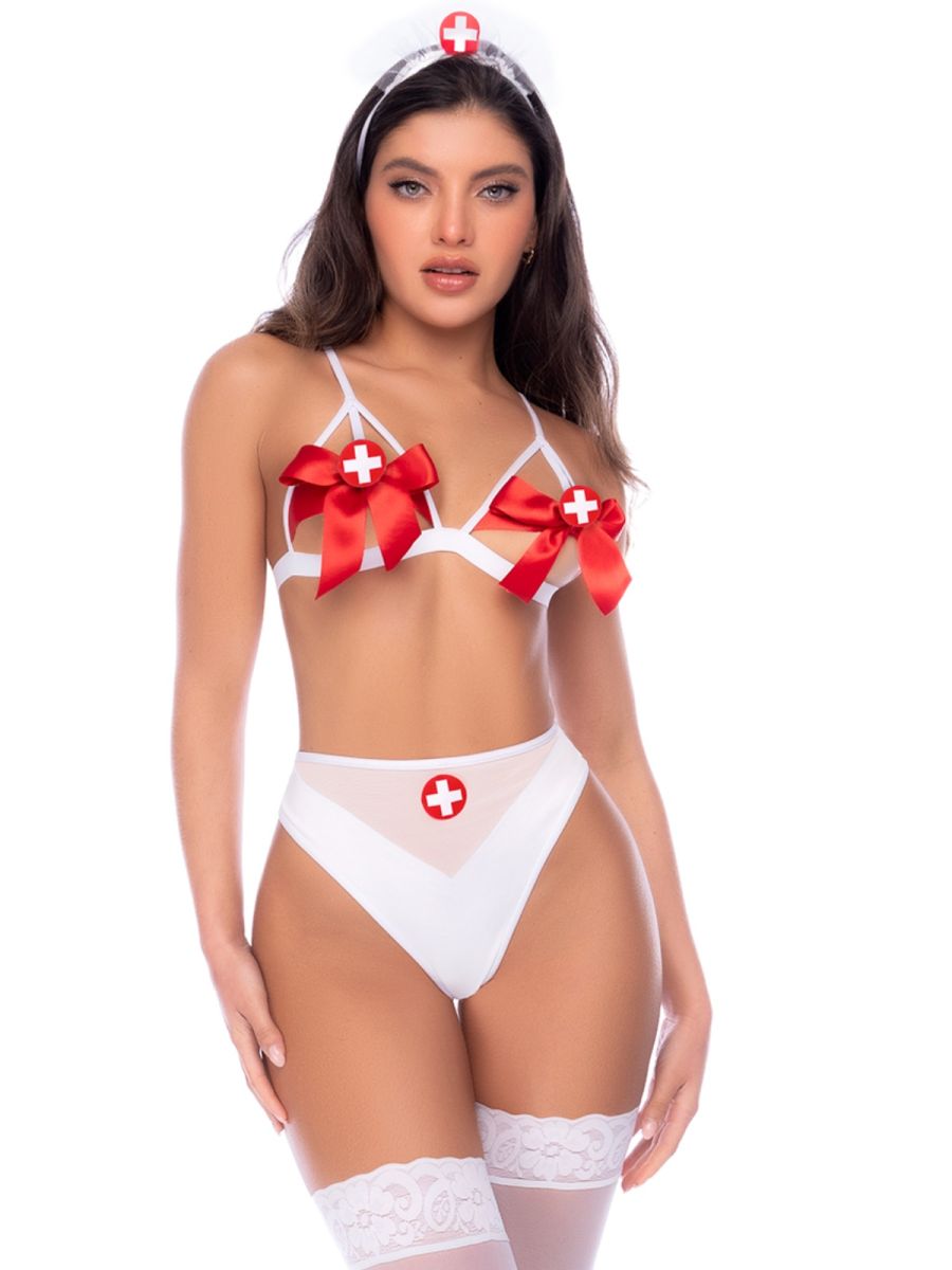 Mapale 60084 nurse costume: white strappy bra with red bows, matching white briefs and lace-trim stockings.