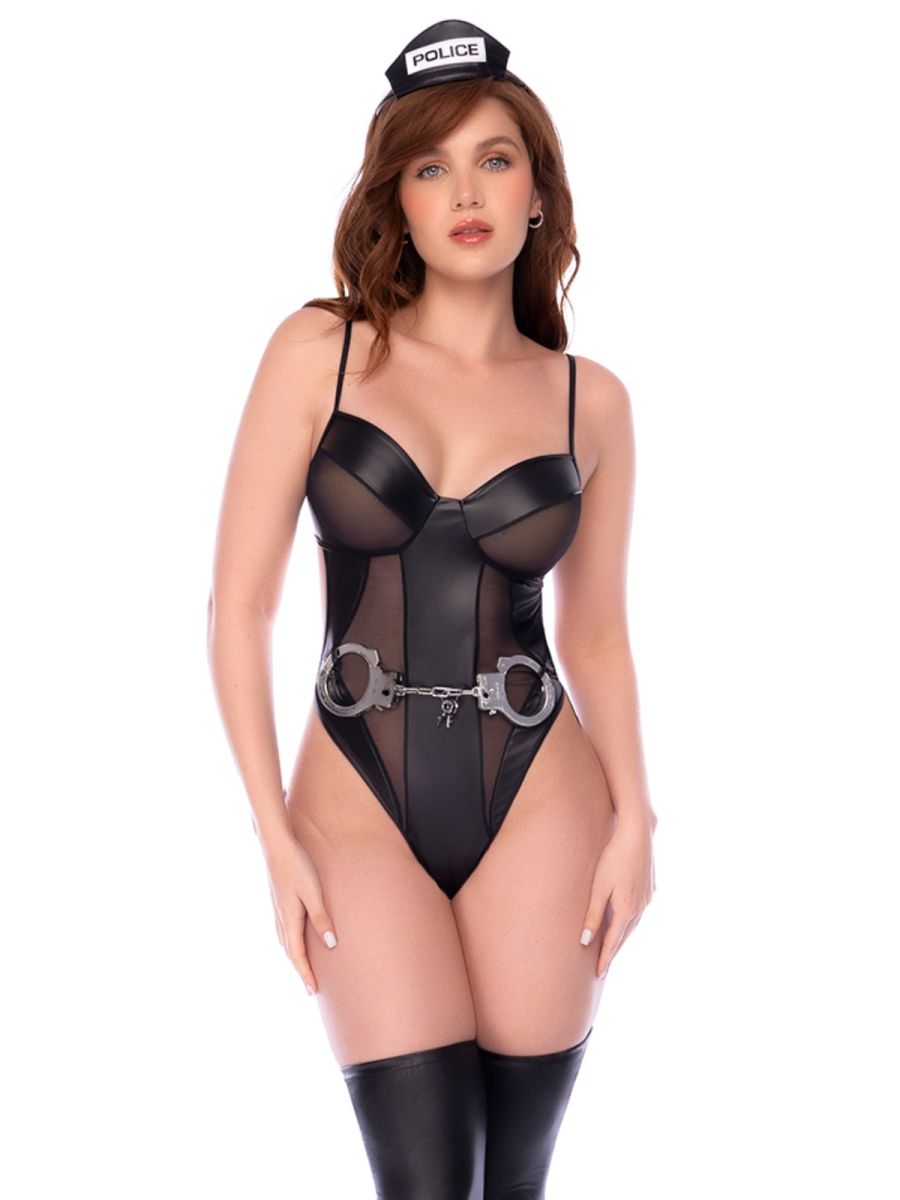 Mapale 60085 black police costume outfit with faux leather, sheer mesh panels, handcuffs accent, and police hat.