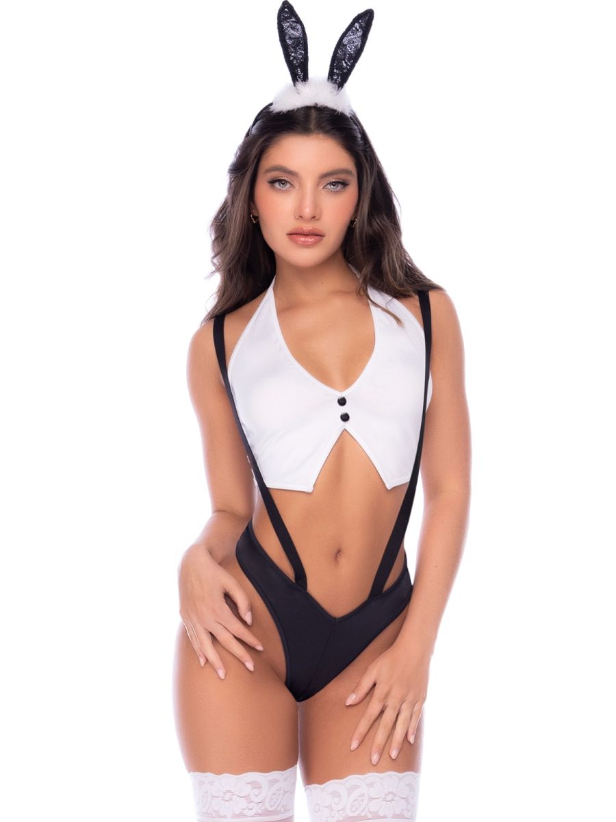 Mapale 60087 bunny costume with white halter vest, black briefs with suspenders, and lace-trim stockings and ears.