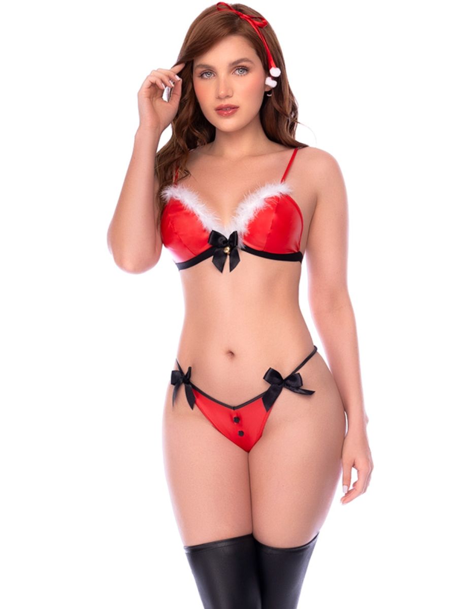 Mapale 60091 Mrs Claus Costume Outfit featuring a red bra with white trim, black bows, matching bottoms, and stockings.