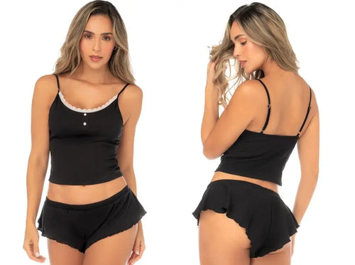 Two views of a woman in a black camisole and shorts set on white.