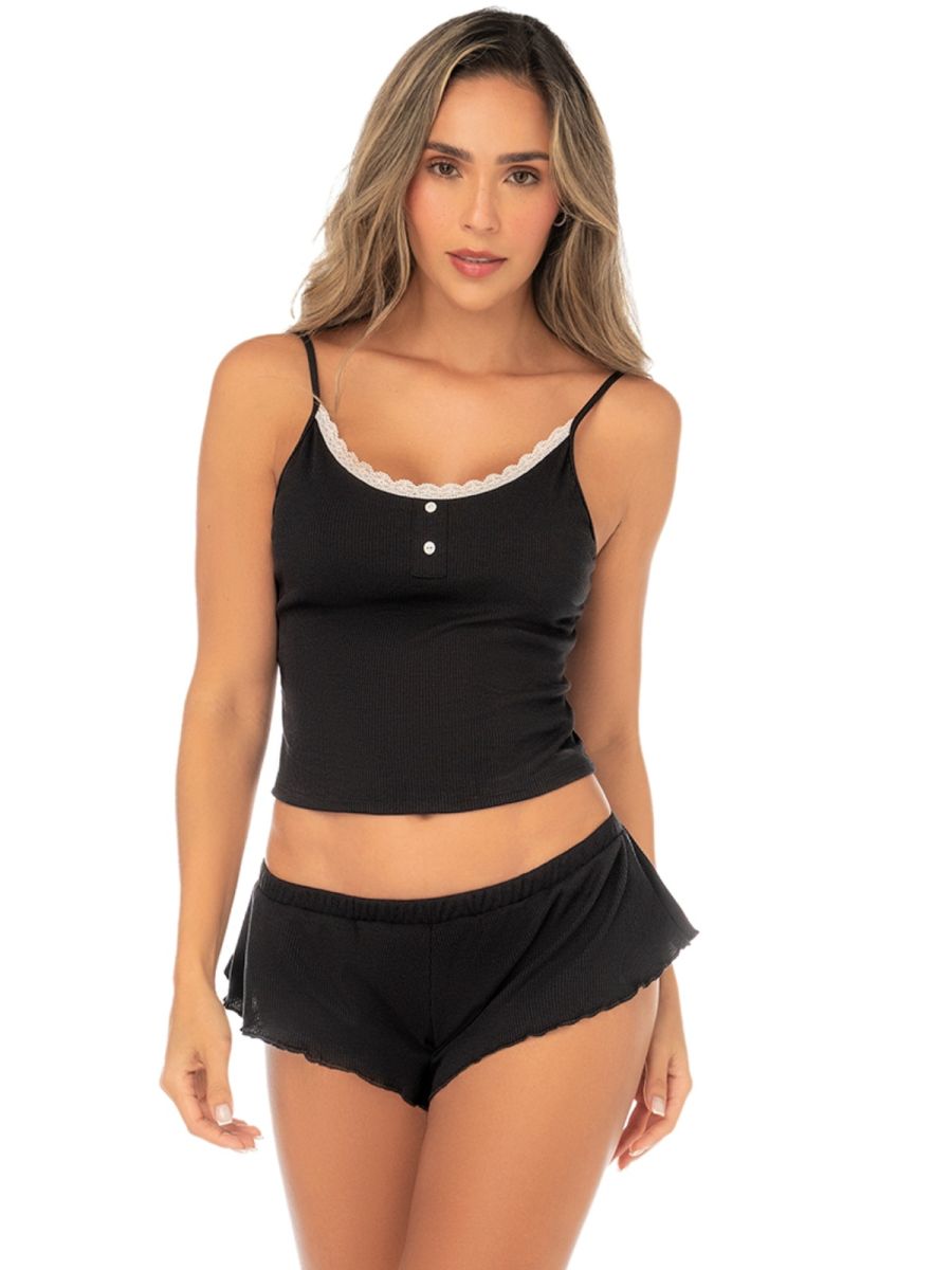 Mapale 75016 Lingerie Two-Piece Pajama Set Flirty Camisole and Ruffled Shorts Color Black
