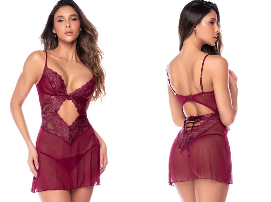 Mapale 7637 burgundy babydoll and matching thong with sheer mesh, lace trim, and lace-up back detail.