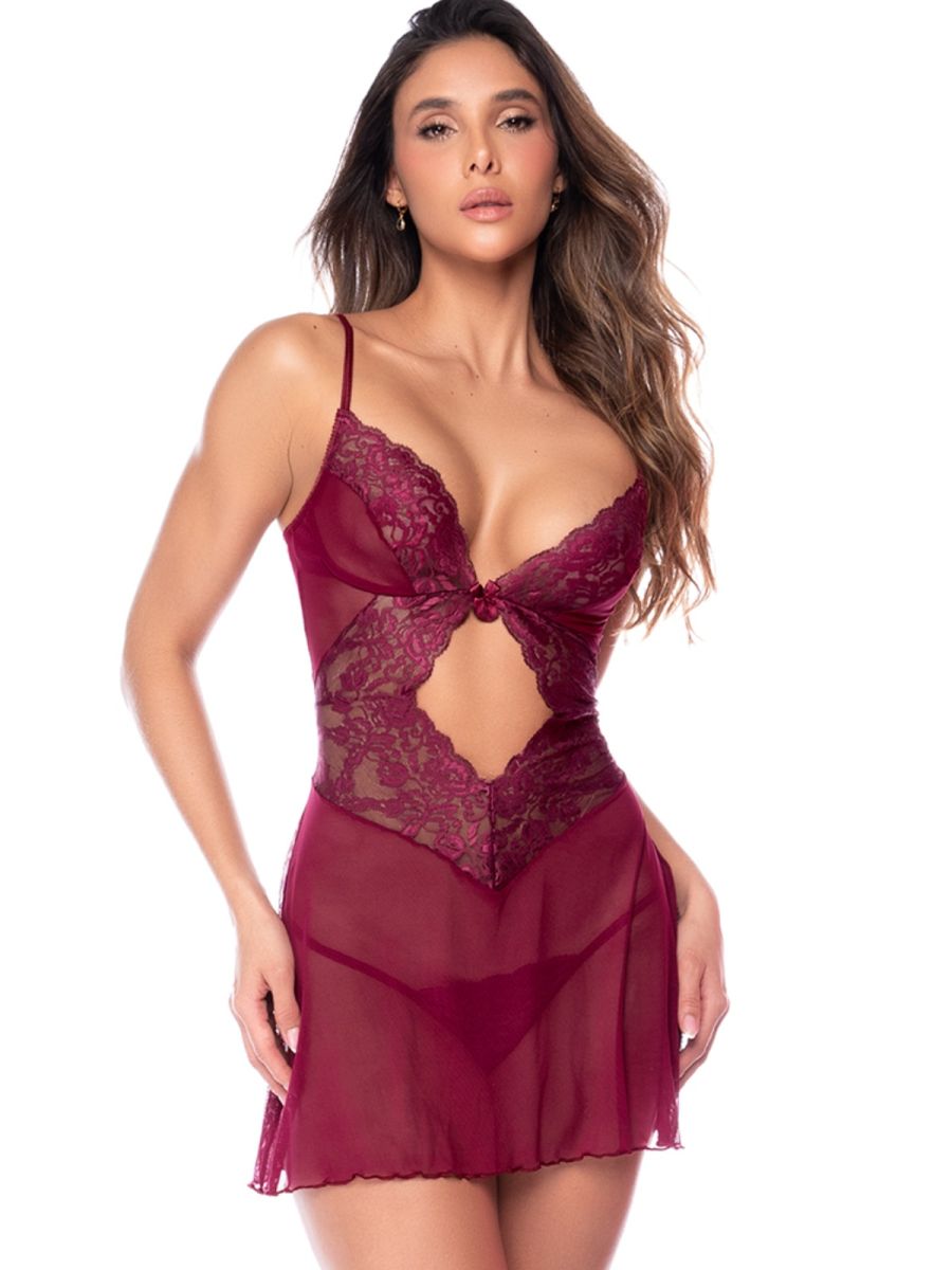 Mapale 7637 burgundy babydoll with sheer mesh and floral lace panels, deep V-neck, thin straps, and matching thong.