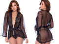 Mapale 7639 Elegant Sheer Robe in black, featuring dotted mesh, floral lace trim, and satin sash.