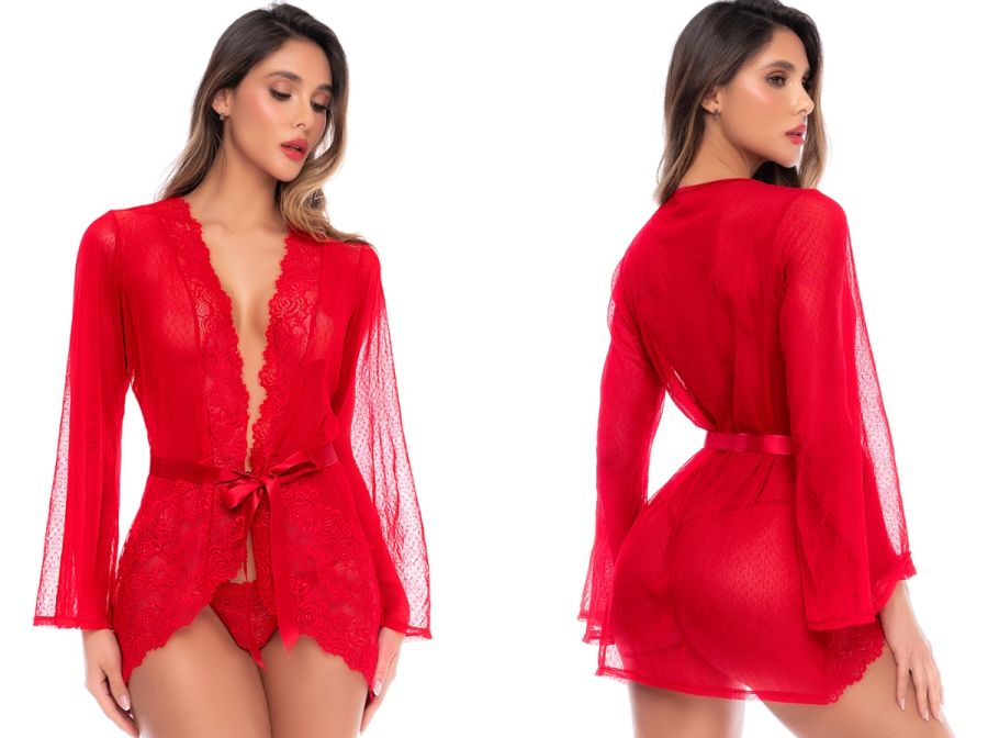 Mapale 7639 red sheer robe featuring long sleeves, lace trim, and a satin waist tie, shown with matching thong.