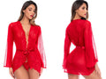 Mapale 7639 red sheer robe featuring long sleeves, lace trim, and a satin waist tie, shown with matching thong.