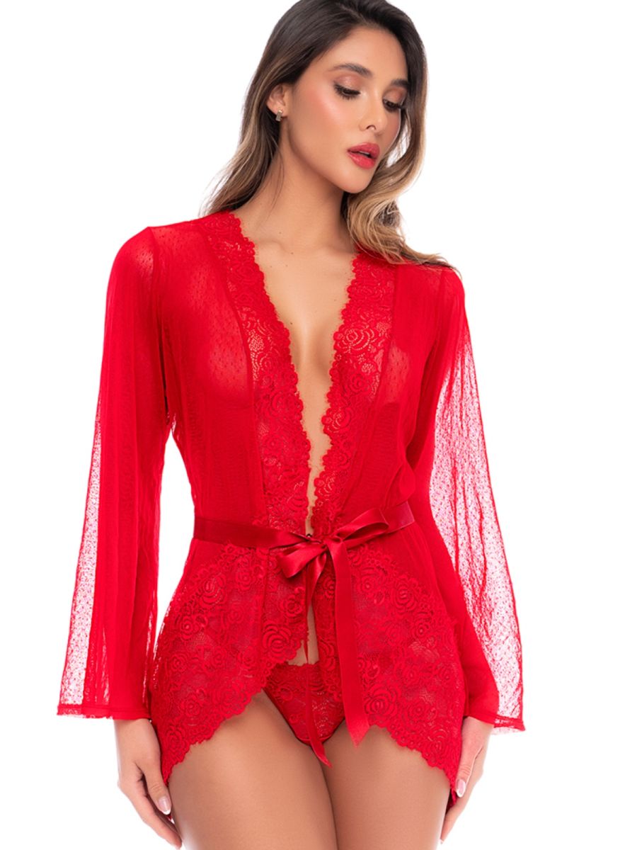 Mapale 7639 red sheer robe featuring long sleeves, lace trim, a satin waist tie, and a matching thong.