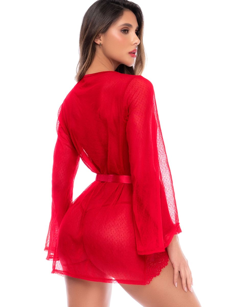 Mapale 7639 red sheer robe featuring long sleeves, a matching belt, and delicate lace trim.