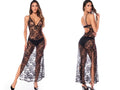 Mapale 7640 elegant black lace maxi babydoll featuring a floral pattern, V-neckline, thin straps, and side slits.