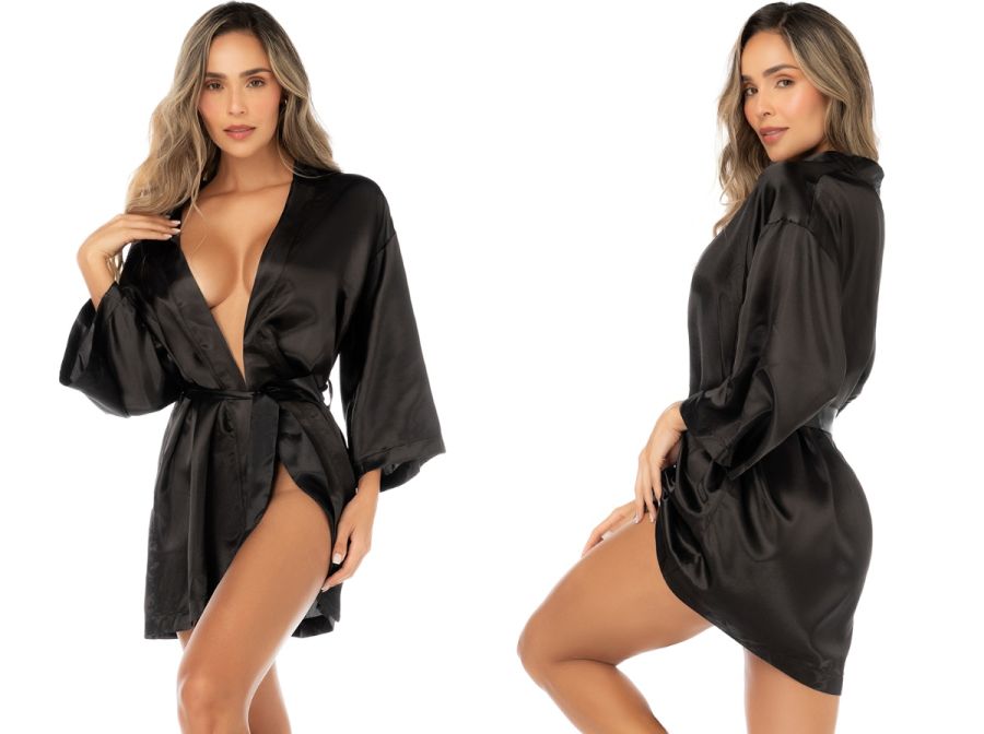 Mapale 7641 Elegant Satin Robe in black, featuring long wide sleeves, a tie belt, and a smooth, glossy satin finish.