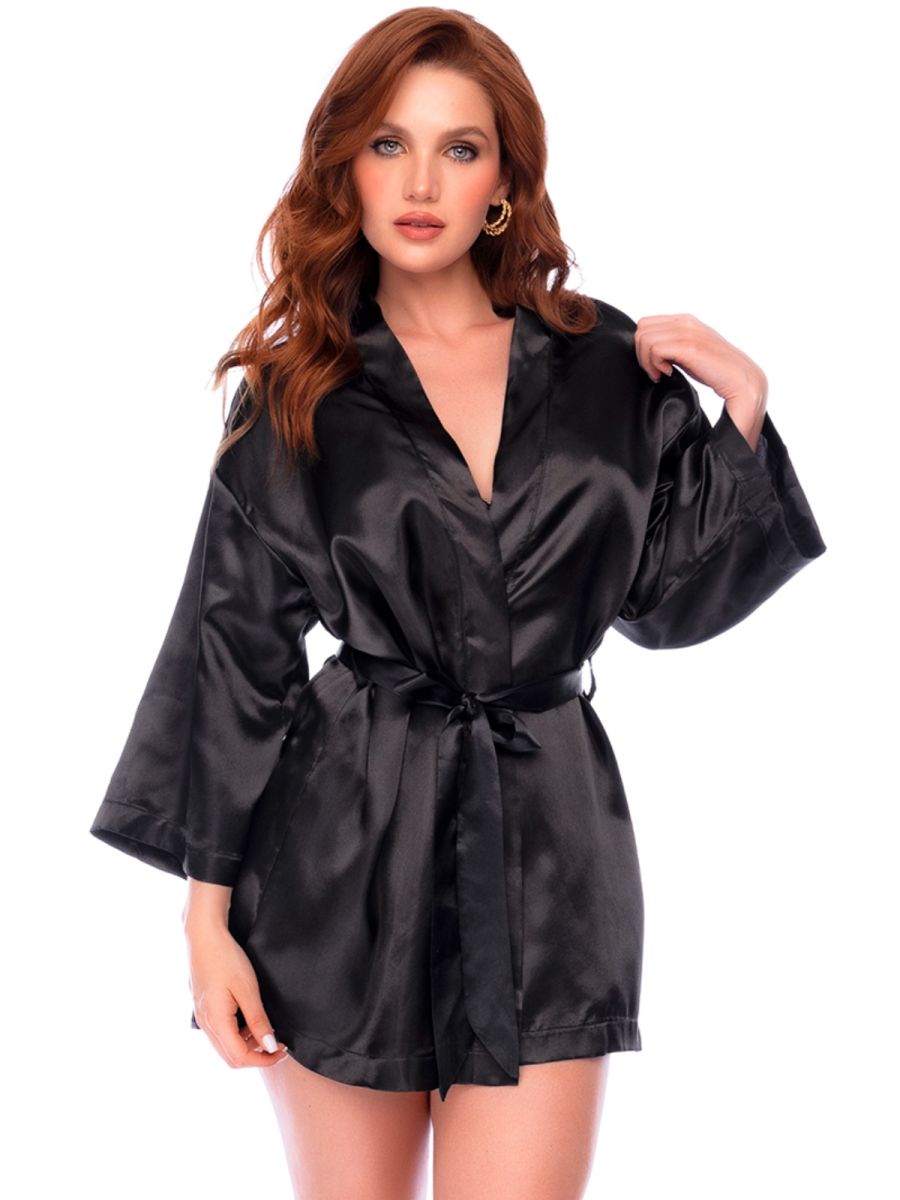 Mapale 7641 Elegant Satin Robe in black, featuring long wide sleeves and a matching tie belt.