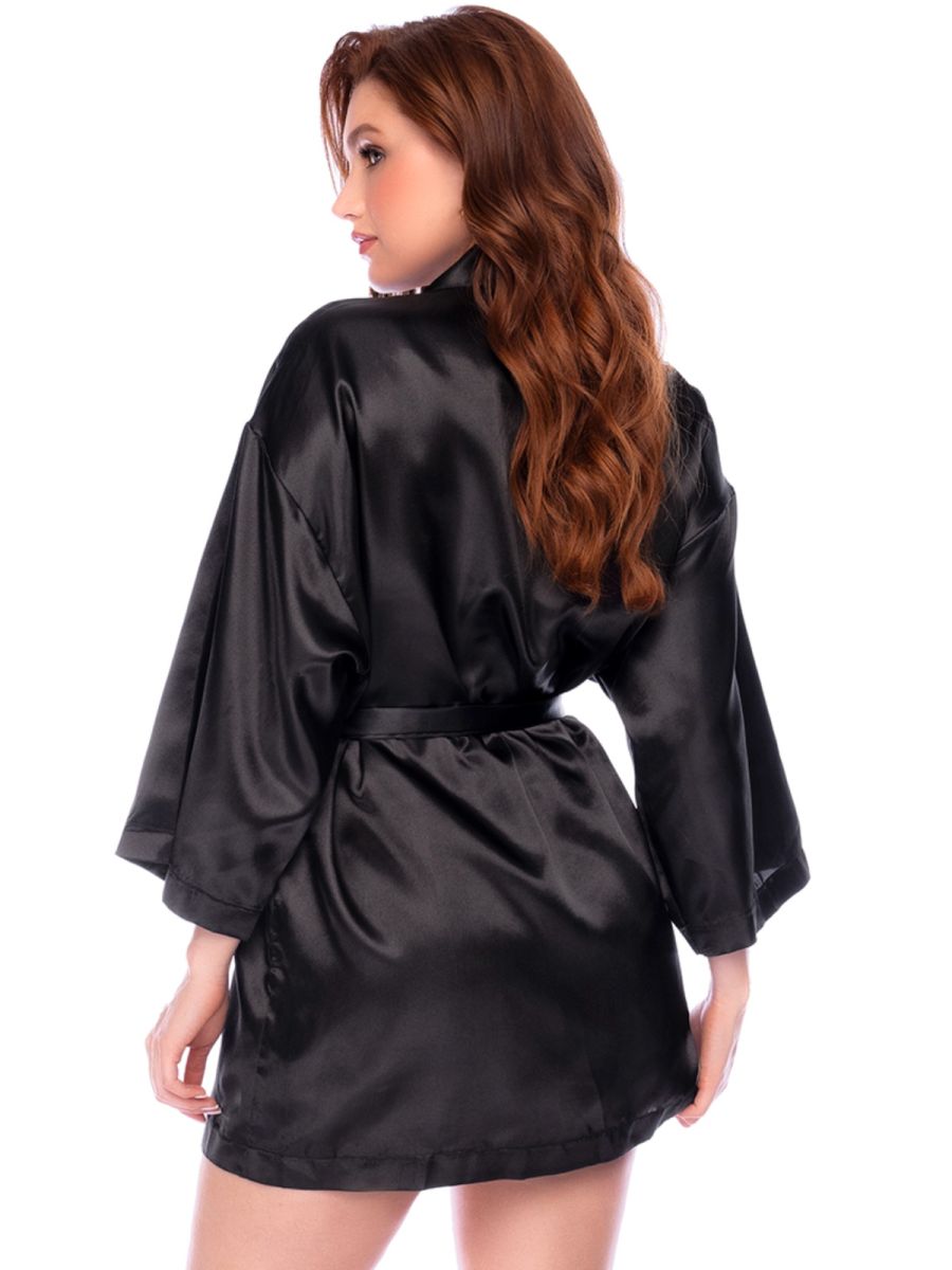 Mapale 7641 Elegant Satin Robe in black with wide sleeves and a matching tie belt.