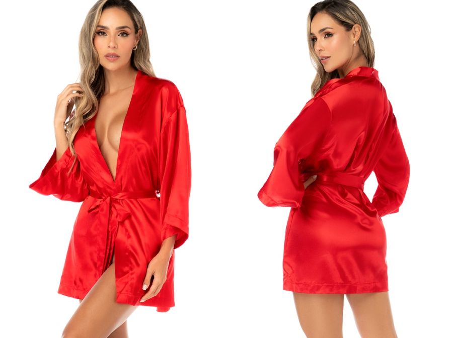 Mapale 7641 Elegant Satin Robe in red, featuring long sleeves, a tie belt, and a smooth satin finish.