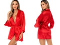 Mapale 7641 Elegant Satin Robe in red, featuring long sleeves, a tie belt, and a smooth satin finish.