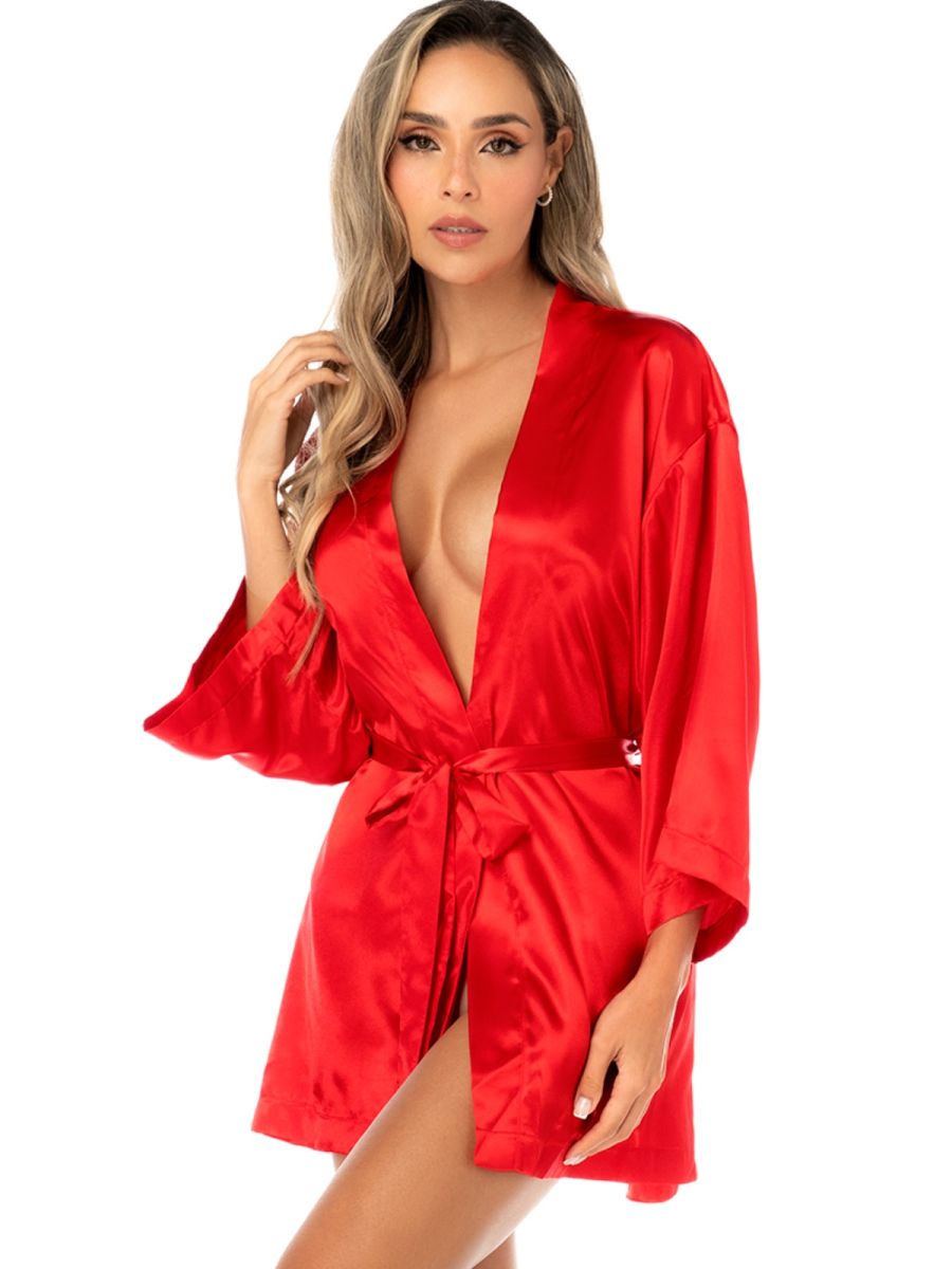 Mapale 7641 Elegant Satin Robe in red with wide sleeves and a matching tie belt.