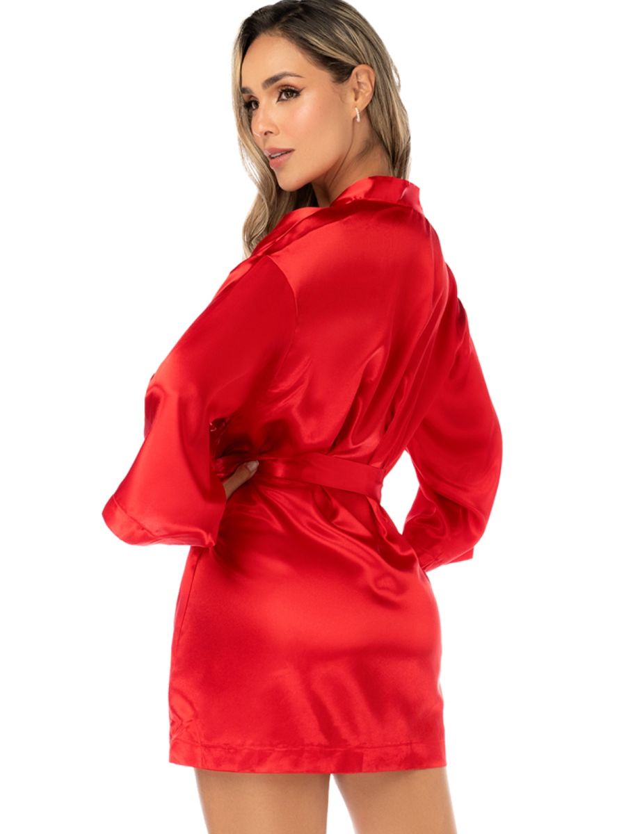 Mapale 7641 Elegant Satin Robe in red featuring wide sleeves, a tie belt, and a solid, glossy finish.