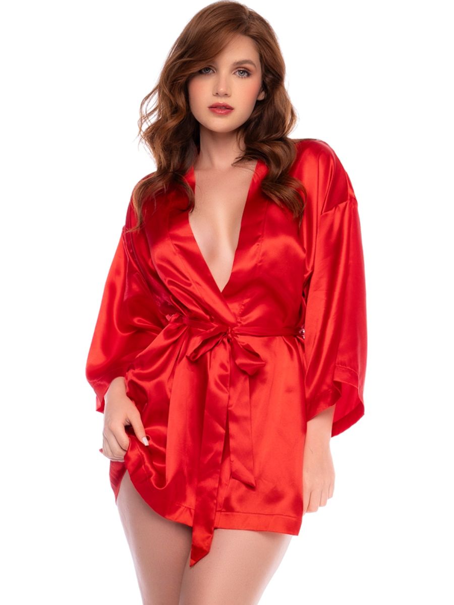 Mapale 7641 Elegant Satin Robe in red, featuring a wrap front, wide sleeves, and a matching fabric tie belt.