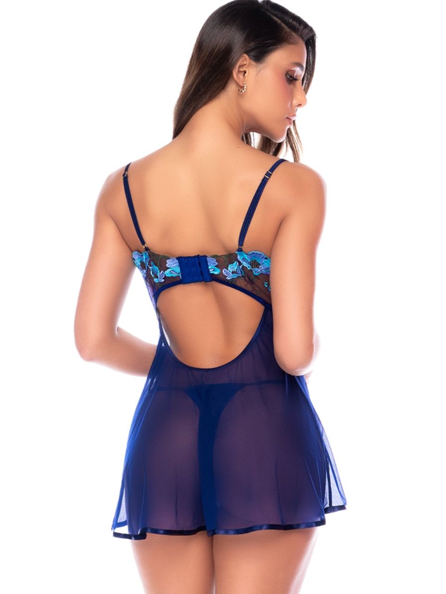 Mapale 7642 babydoll in poppy blue with sheer mesh, floral embroidery, keyhole back, and matching thong.