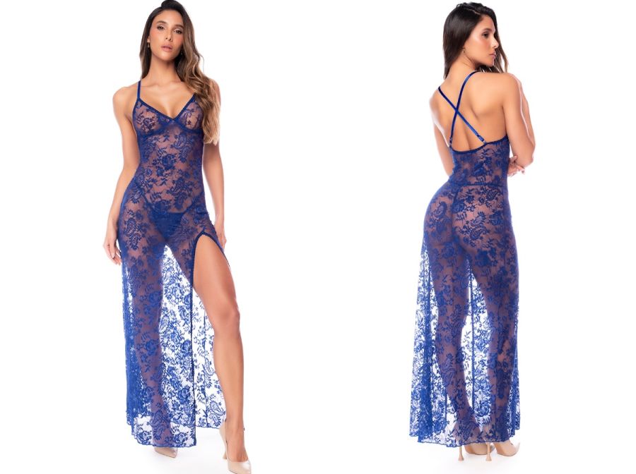 Mapale 7643 Royal Blue Long Gown in sheer floral lace with a V-neck, thin cross-back straps, and a high side slit.
