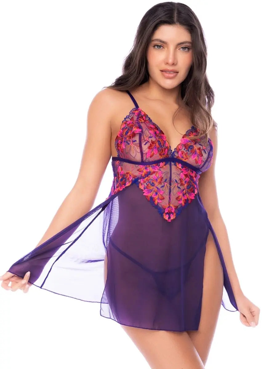Mapale Women's Lingerie 7644 Alluring Babydoll with Matching Thong Color Orchid Obscura