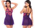 Mapale 7644 Orchid Obscura babydoll and thong set with sheer purple fabric and pink floral embroidery.