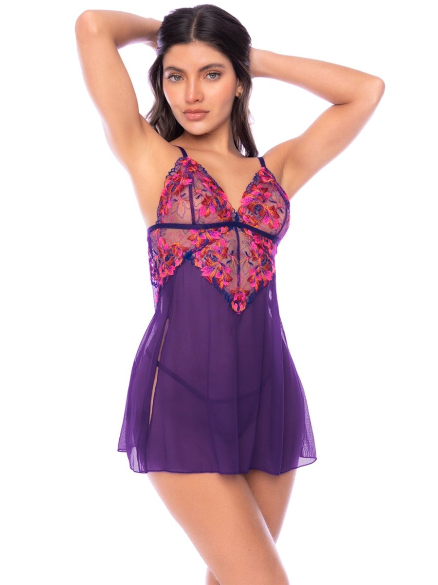Mapale 7644 purple mesh babydoll with pink and orange floral embroidered bodice and matching thong.