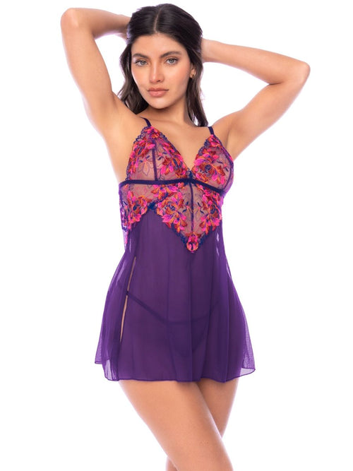 Purple sheer babydoll lingerie with floral embroidery and matching thong.