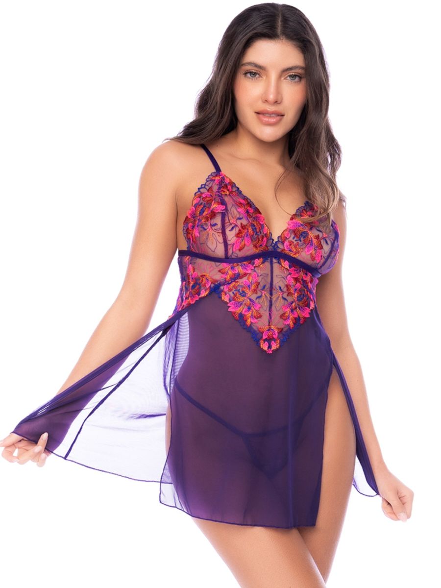 Mapale 7644 Orchid Obscura babydoll featuring purple mesh and pink-and-orange floral embroidery.