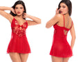 Mapale 7647 Scarlet Red Babydoll features sheer red mesh with floral lace, sequins, and a bow on the bodice.