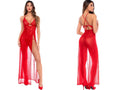 Mapale 7649 bold red long gown with lace bodice, sheer mesh skirt, front slit, and crisscross back straps.