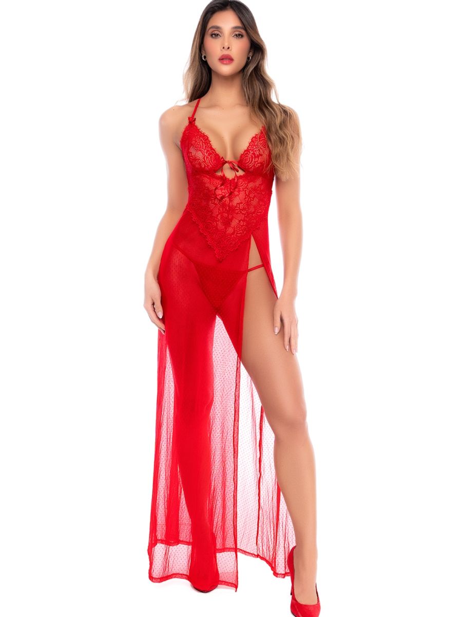 Mapale 7649 red long lace and sheer gown with halter neck and front slit.