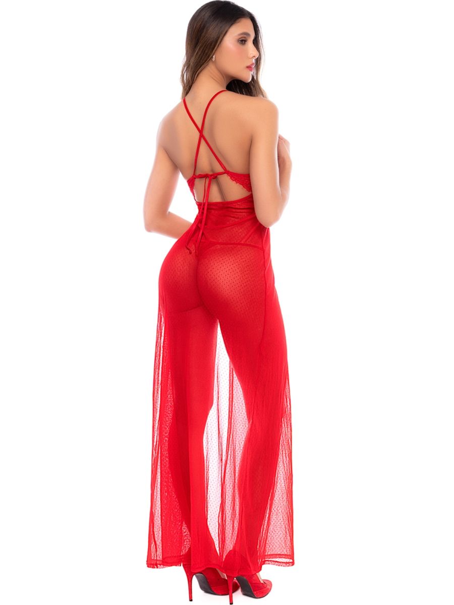 Mapale 7649 Seductive Long Gown in bold red, featuring sheer mesh fabric, crisscross back straps, and matching thong.