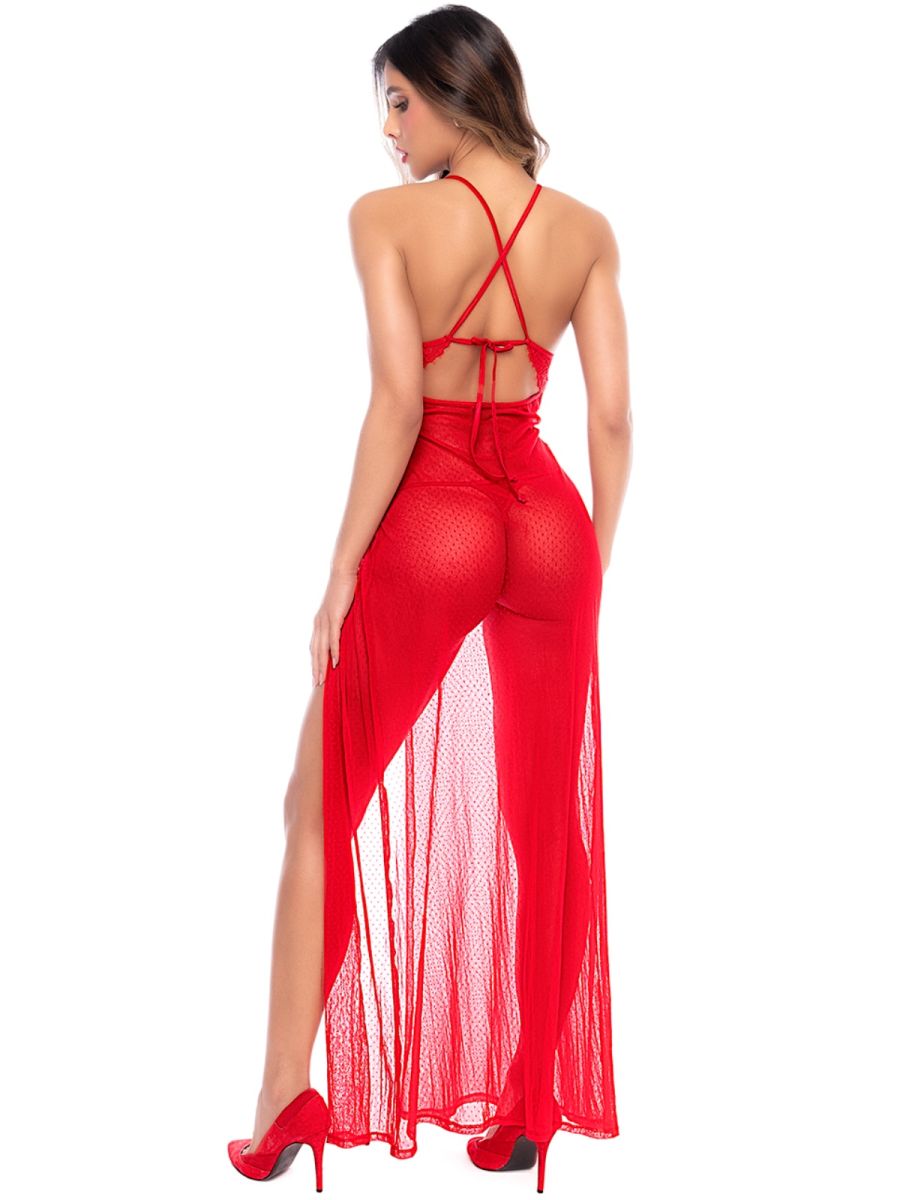 Mapale 7649 bold red long gown with crisscross back straps, sheer dotted fabric, and high leg slit.